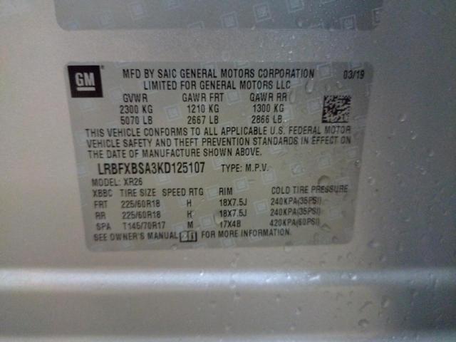 LRBFXBSA3KD125107 - 2019 BUICK ENVISION PREFERRED SILVER photo 10