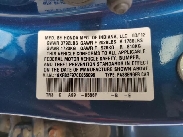 19XFB2F97CE056096 - 2012 HONDA CIVIC EXL BLUE photo 12