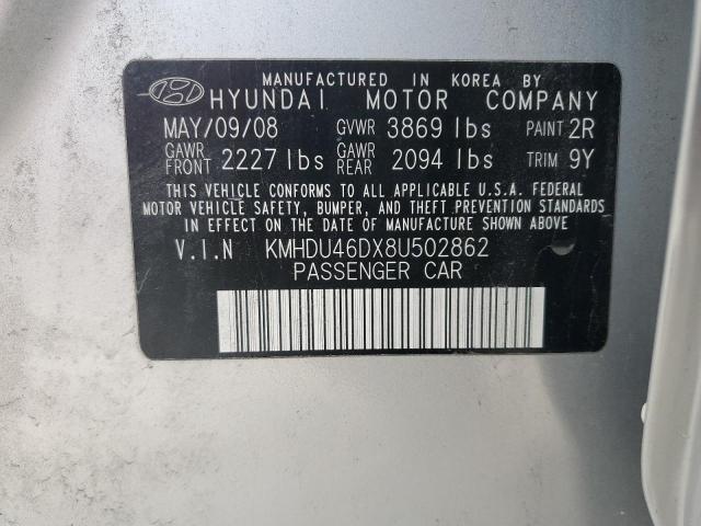 KMHDU46DX8U502862 - 2008 HYUNDAI ELANTRA GLS SILVER photo 12