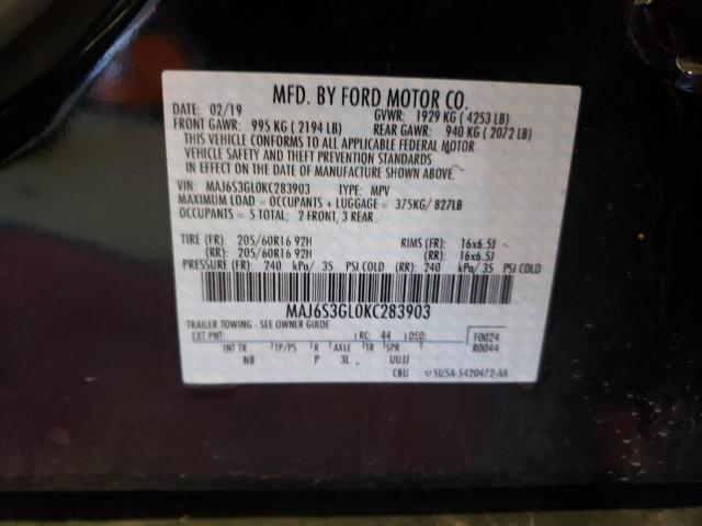 MAJ6S3GL0KC283903 - 2019 FORD ECOSPORT SE BLACK photo 10