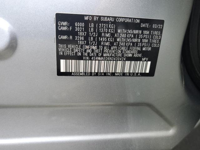 4S4WMAED6N3430424 - 2022 SUBARU ASCENT PREMIUM SILVER photo 12