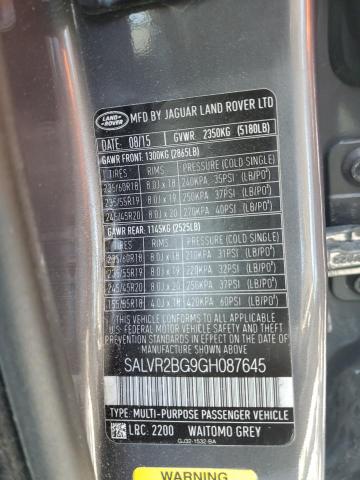 SALVR2BG9GH087645 - 2016 LAND ROVER RANGE ROVE HSE GRAY photo 14