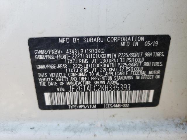 JF2GTAEC2KH335393 - 2019 SUBARU CROSSTREK PREMIUM 白色 照片 10