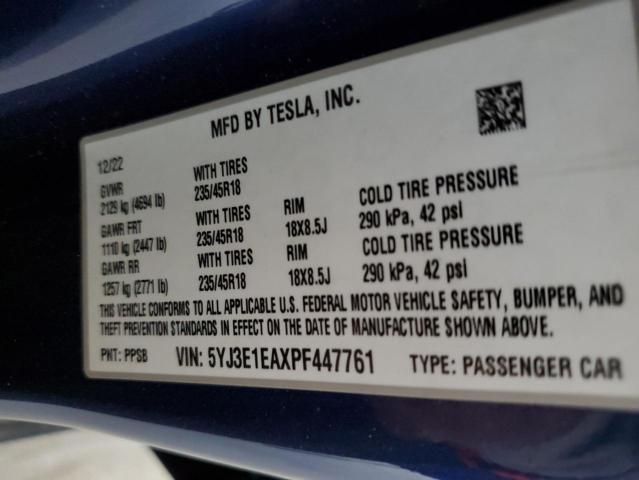 5YJ3E1EAXPF447761 - 2023 TESLA MODEL 3 BLUE photo 12