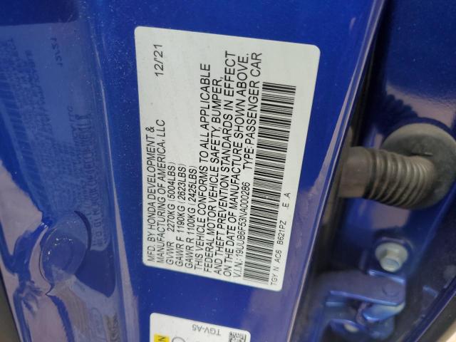 19UUB6F53NA000286 - 2022 ACURA TLX TECH A BLUE photo 12