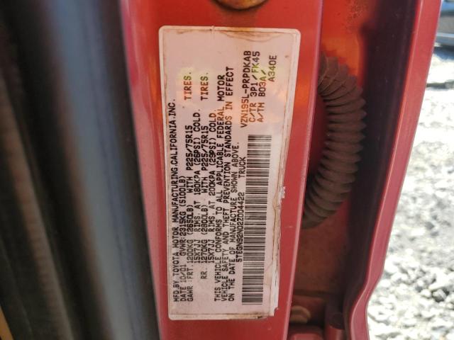 5TEGN92N02Z004422 - 2002 TOYOTA TACOMA DOUBLE CAB PRERUNNER RED photo 12