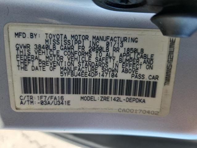 5YFBU4EE4DP147104 - 2013 TOYOTA COROLLA BASE Srebrny zdjęcie 12