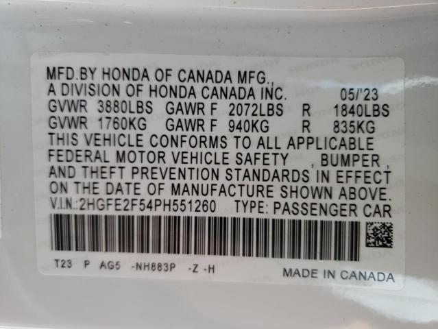 2HGFE2F54PH551260 - 2023 HONDA CIVIC SPORT WHITE photo 12