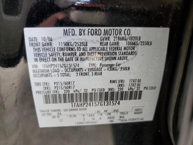 1FAHP24157G131574 - 2007 FORD FIVE HUNDR SEL BLACK photo 12