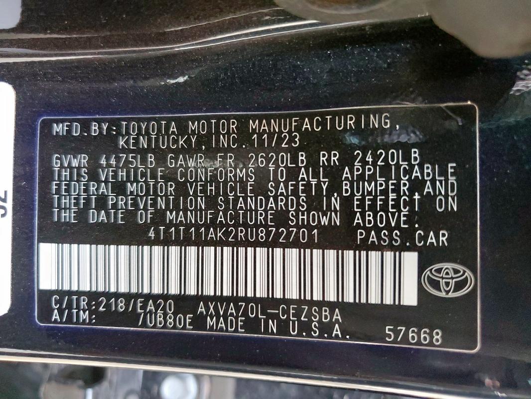 4T1T11AK2RU872701 - 2024 TOYOTA CAMRY SE NIGHT SHADE BLACK photo 12