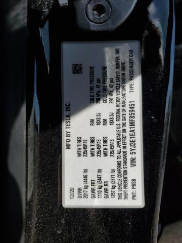 5YJ3E1EA1MF859451 - 2021 TESLA MODEL 3 BLACK photo 12