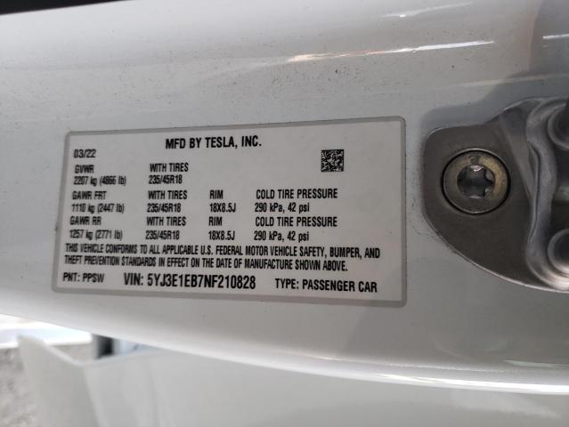 5YJ3E1EB7NF210828 - 2022 TESLA MODEL 3 WHITE photo 13