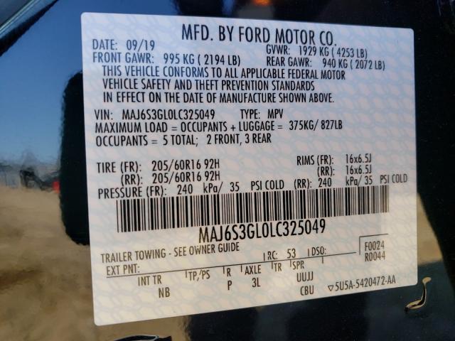 MAJ6S3GL0LC325049 - 2020 FORD ECOSPORT SE Noir photo 10