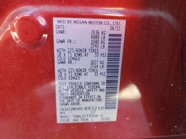 5N1AT2MT4FC893210 - 2015 NISSAN ROGUE S RED photo 14