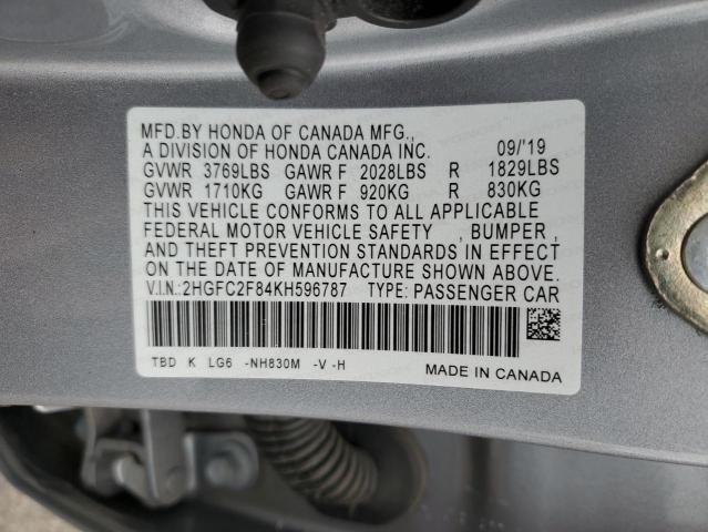 2HGFC2F84KH596787 - 2019 HONDA CIVIC SPORT 银色 照片 12