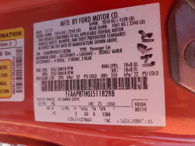 1FA6P8TH0J5118288 - 2018 FORD MUSTANG RED photo 12