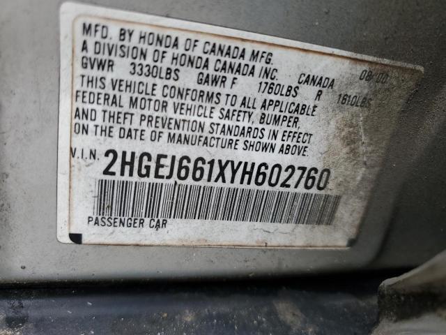 2HGEJ661XYH602760 - 2000 HONDA CIVIC BASE SILVER photo 12