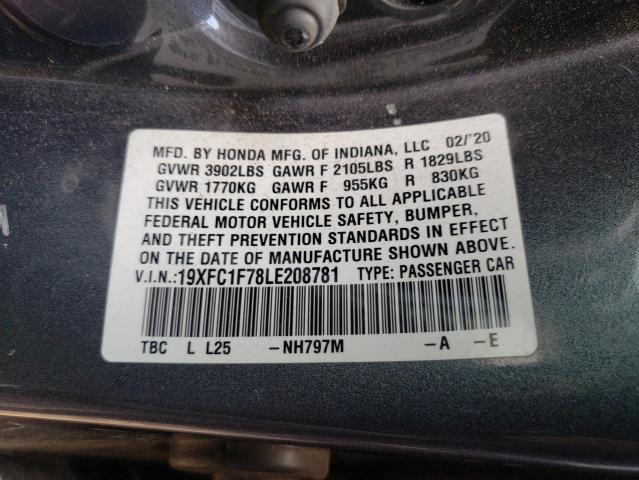 19XFC1F78LE208781 - 2020 HONDA CIVIC EXL ნაცრისფერი ფოტო 12
