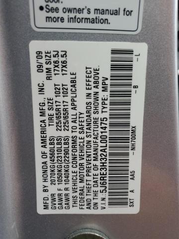 5J6RE3H32AL001475 - 2010 HONDA CR-V LX SILVER photo 13