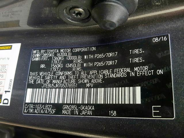 JTEBU5JR7G5376551 - 2016 TOYOTA 4RUNNER SR5/SR5 PREMIUM  照片 10