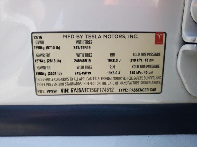 5YJSA1E15GF174512 - 2016 TESLA MODEL S 白色 照片 12