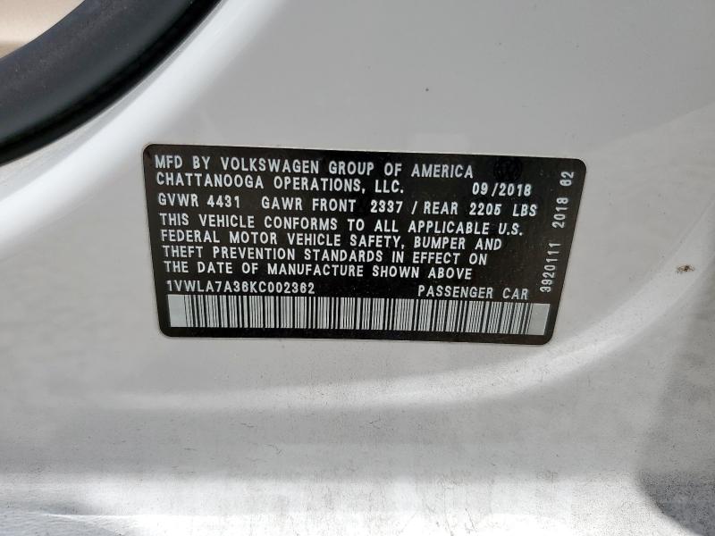 1VWLA7A36KC002362 - 2019 VOLKSWAGEN PASSAT WOLFSBURG 白色 照片 12