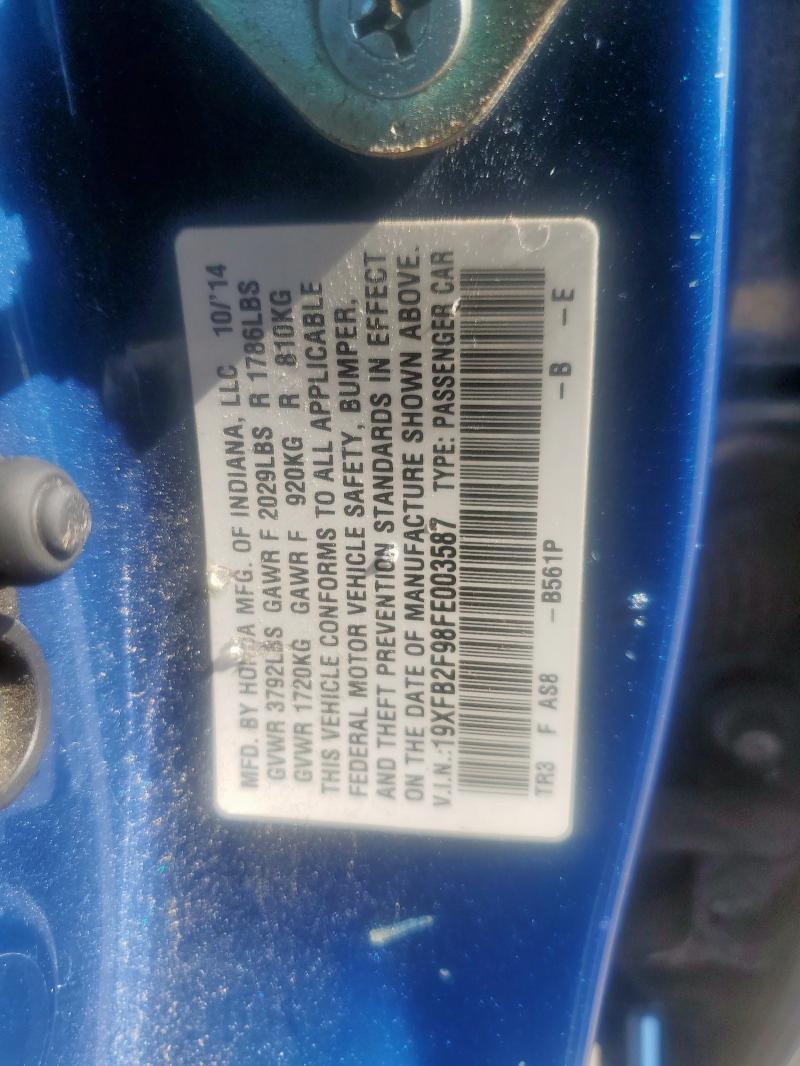 19XFB2F98FE003587 - 2015 HONDA CIVIC EXL BLUE photo 12
