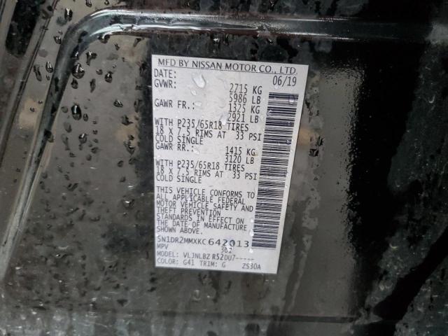 5N1DR2MMXKC642013 - 2019 NISSAN PATHFINDER S BLACK photo 12