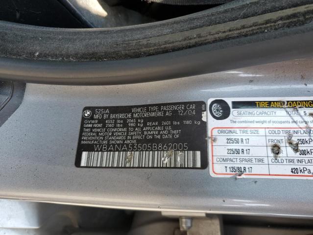 WBANA53505B862005 - 2005 BMW 5 SERIES I GRAY photo 12