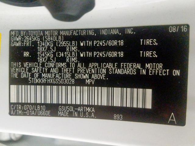 5TDKKRFHXGS503028 - 2016 TOYOTA HIGHLANDER XLE  ფოტო 10