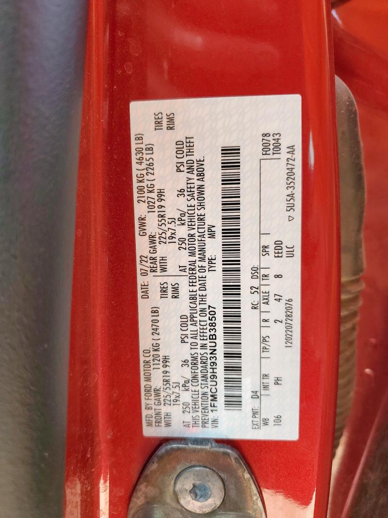 1FMCU9H93NUB38507 - 2022 FORD ESCAPE SEL RED photo 13