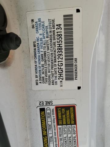 2HGFG12938H558134 - 2008 HONDA CIVIC EXL WHITE photo 12