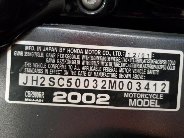 JH2SC50032M003412 - 2002 HONDA CBR900 RR BLACK photo 10