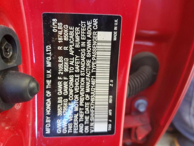 SHHFK7H93JU214871 - 2018 HONDA CIVIC SPORT TOURING RED photo 12