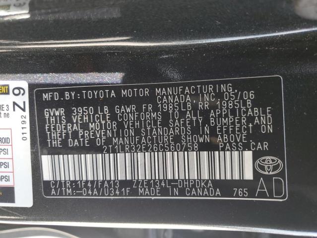 2T1LR32E26C560758 - 2006 TOYOTA COROLLA MA BASE GRAY photo 12