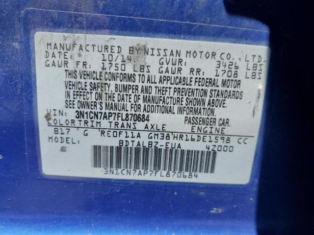 3N1CN7AP7FL870684 - 2015 NISSAN VERSA S BLUE photo 12