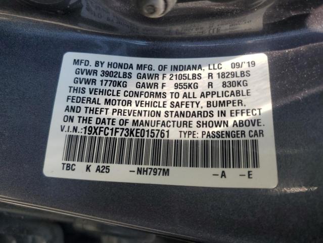 19XFC1F73KE015761 - 2019 HONDA CIVIC EXL ნაცრისფერი ფოტო 12
