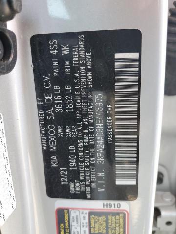 3KPA24AD3NE443975 - 2022 KIA RIO LX SILVER photo 12