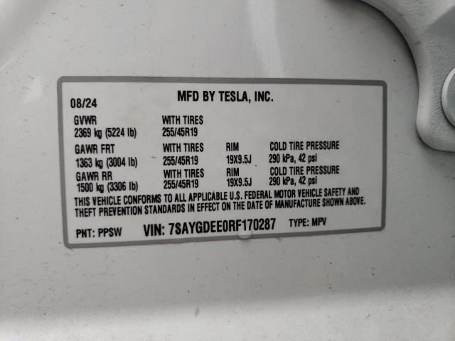 7SAYGDEE0RF170287 - 2024 TESLA MODEL Y WHITE photo 12