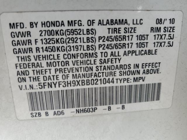 5FNYF3H9XBB021044 - 2011 HONDA PILOT TOURING WHITE photo 13