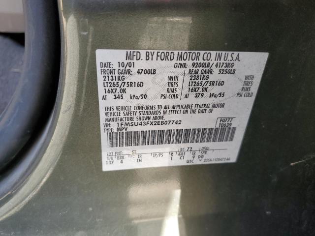 1FMSU43FX2EB07742 - 2002 FORD EXCURSION LIMITED GREEN photo 13