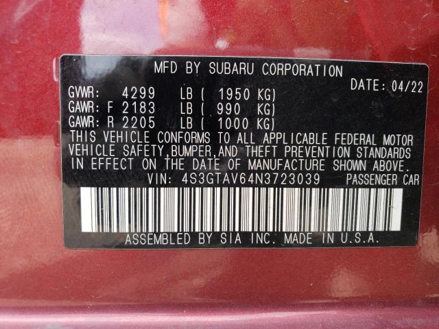 4S3GTAV64N3723039 - 2022 SUBARU IMPREZA PREMIUM MAROON photo 12