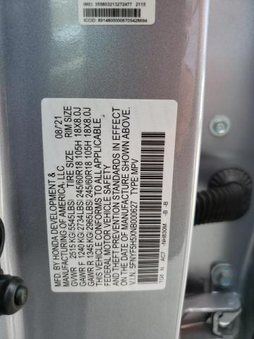 5FNYF5H5XNB000627 - 2022 HONDA PILOT EXL SILVER photo 13