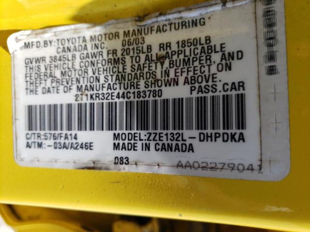 2T1KR32E44C183780 - 2004 TOYOTA COROLLA MA XR YELLOW photo 13