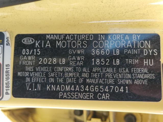 KNADM4A34G6547041 - 2016 KIA RIO LX YELLOW photo 12