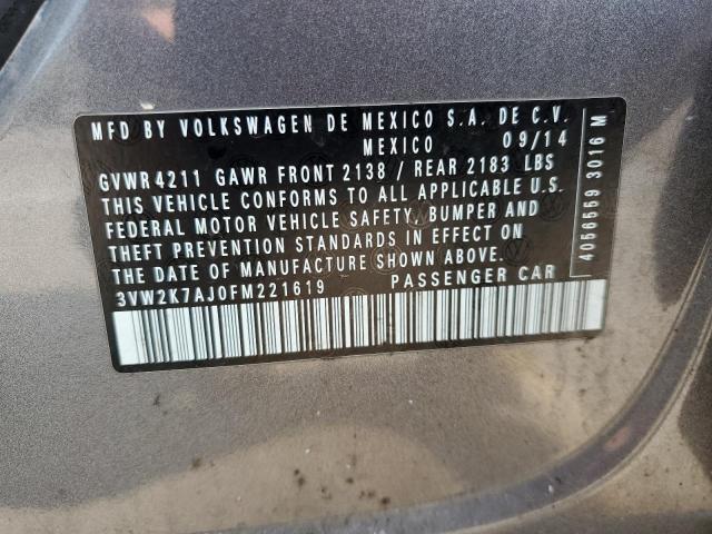 3VW2K7AJ0FM221619 - 2015 VOLKSWAGEN JETTA BASE 灰色 照片 12
