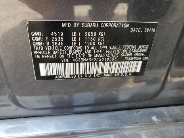 4S3BNAS62K3010595 - 2019 SUBARU LEGACY SPORT GRAY photo 12