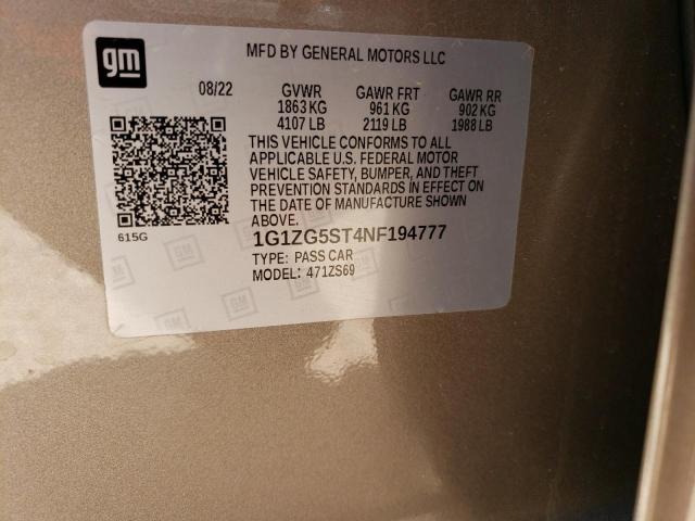 1G1ZG5ST4NF194777 - 2022 CHEVROLET MALIBU RS TAN photo 12