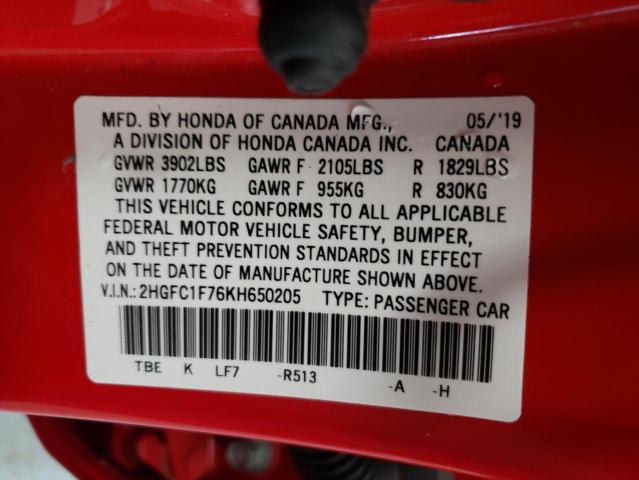 2HGFC1F76KH650205 - 2019 HONDA CIVIC EXL RED photo 13