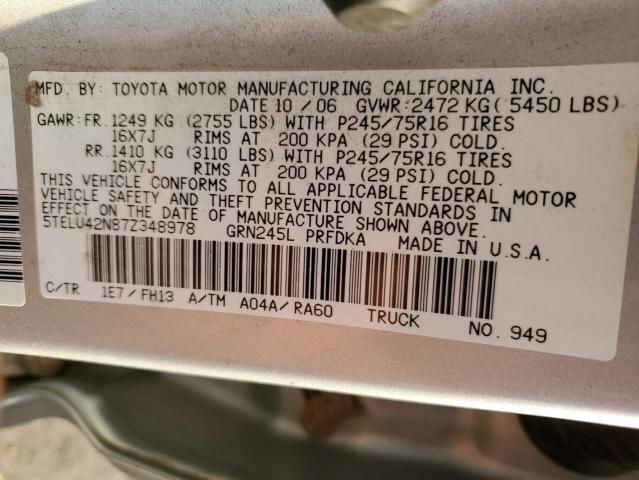 5TELU42N87Z348978 - 2007 TOYOTA TACOMA DOUBLE CAB ვერცხლისფერი ფოტო 10